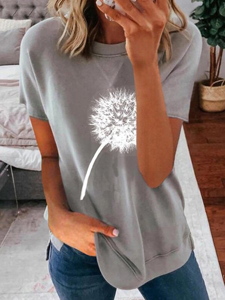 Maniche Corte Stampato Casuale Girocollo Top, Grigio, Tops