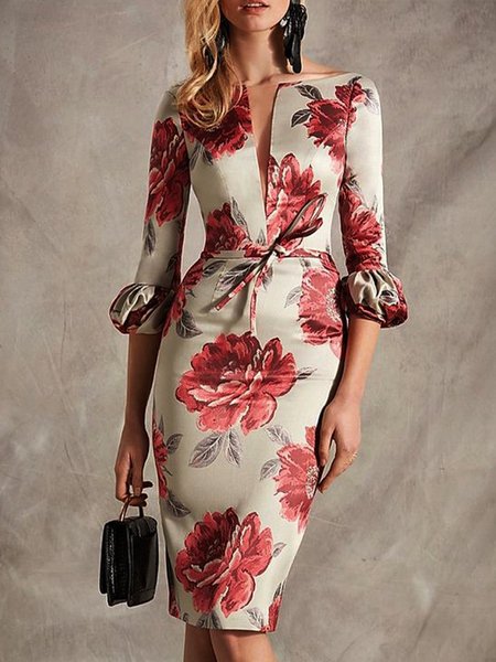 

V Neck Printed Elegant Half Sleeve Floral Midi Dress, As picture, Midi Dresses