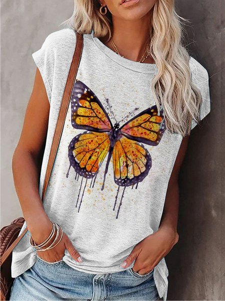 

Maniche Corte Farfalla Casuale Top, Grigio, Tops