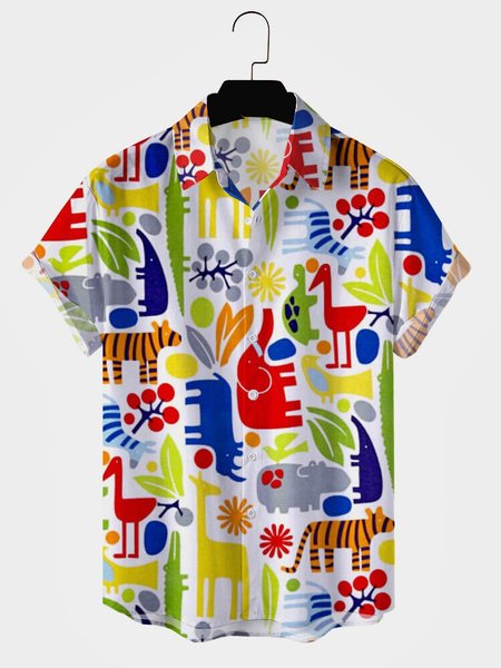 Mens Floral Animal Print Lapel Casual Loose Short Sleeve Hawaiian Shirt, Red, Shirts