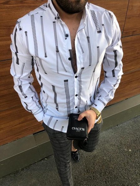 

Shirt Collar Long Sleeve Casual Printed Shirts, White, Men's basic shirt