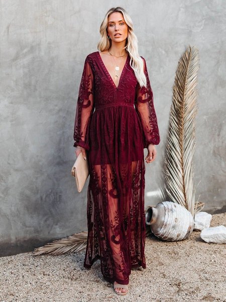 

Tinta Unita Scollo a V Maniche Lunghe Dritto Nozze & nuziale Festa Abito, Vino rosso, Dresses