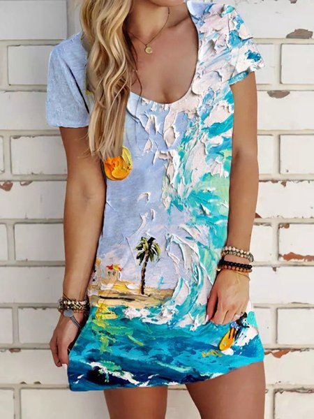 

Grafico Casuale Maniche Corte Girocollo Abito, Blu, Blouses & Shirts