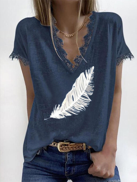 

Stampato Scollo a V Maniche Corte Casuale Top, Blu, Tops