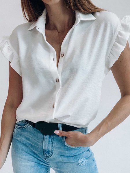 

Dritto Maniche Corte Colletto a Camicia Top, Bianco, Blouses & Shirts