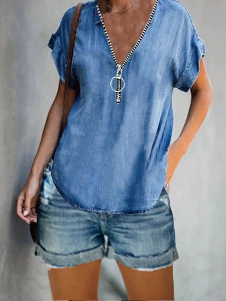 

Short Sleeve V Neck Casual Denim Tops, Blue, T-Shirts