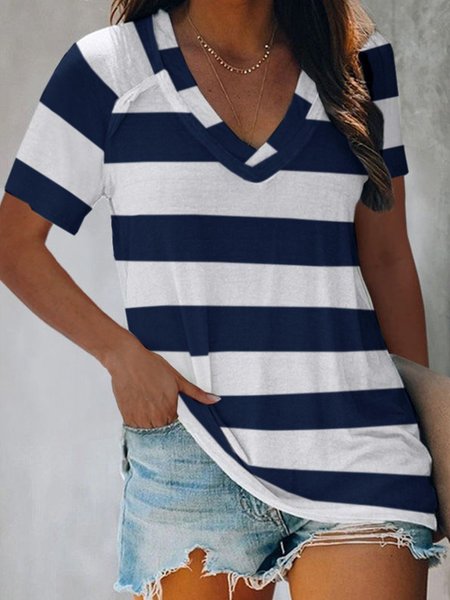 

strisce Casuale Dritto Maniche Corte Top, Blu intenso, Tops