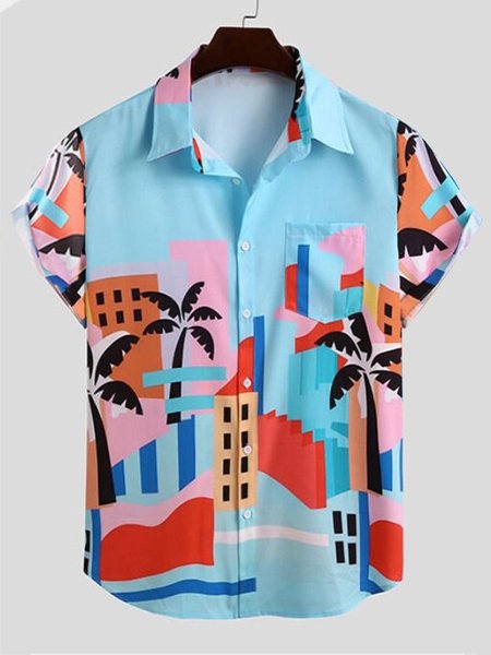 

Men's New Style Short Sleeve Casual Loose Shirt, Blue, Men's Floral shirt