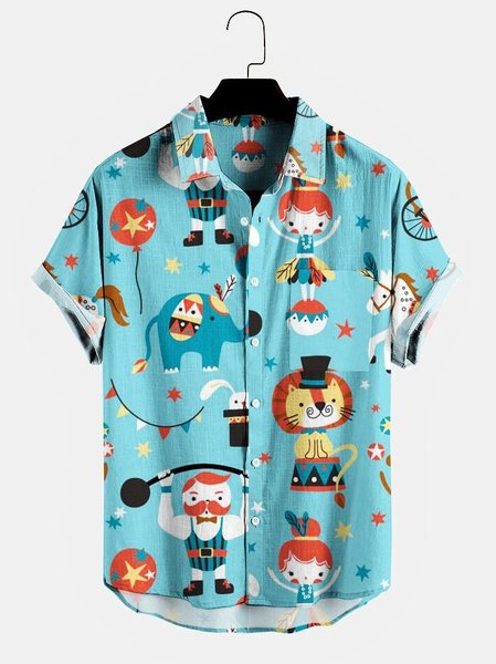 

Mens Cartoon Print Pocket Lapel Casual Loose Short Sleeve Shirt, Blue, Short Sleeves Shirts