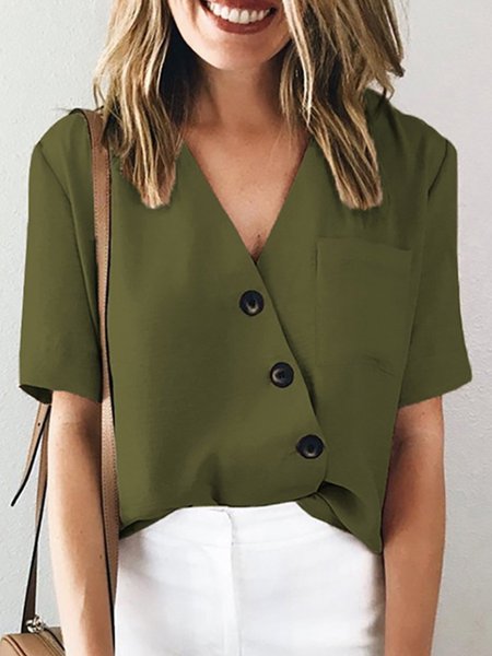 

V Neck Shift Short Sleeve Casual Top, Green, Blouses and Shirts