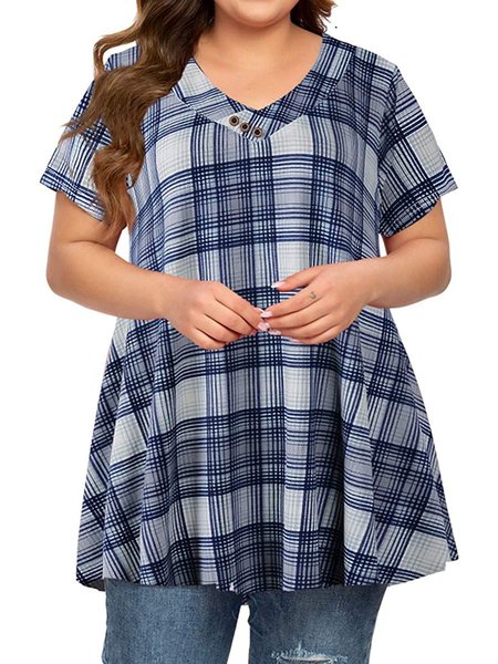 

Plaid Women Plus Size Short Sleeve V Neck Button Basic Belted Blouse Summer Swing Shirt, Blue, T-Shirts