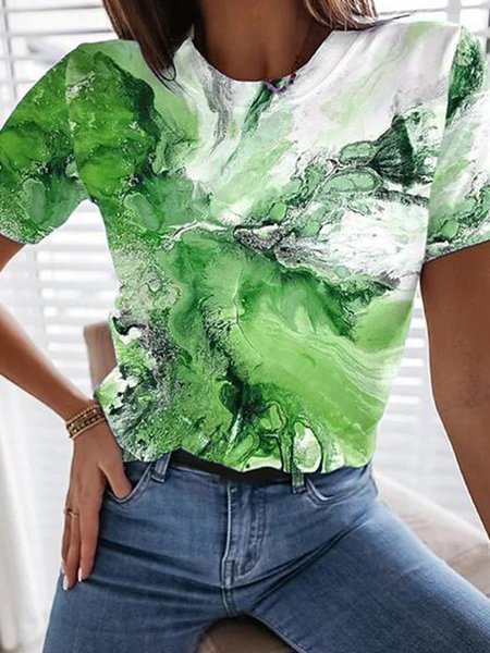 

Cotton-Blend Floral-Print Casual T-shirt, Green, Tops
