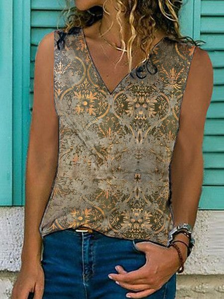 

Paisley senza maniche Stampato Misto Cotone Scollo a V Vintage Estate Superiore, Come immagine, Tops