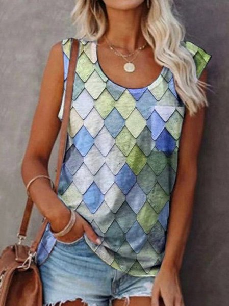 

Round neck diamond print sleeveless T-shirt, Blue, Tanks & Camis