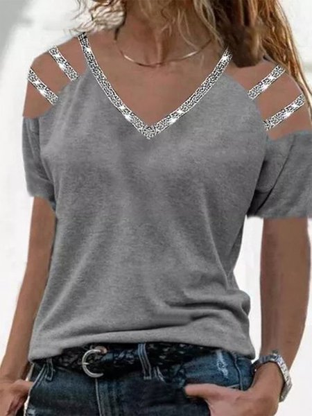 

Vintage Maniche Corte Tinta unita Scollo a V incavato Casuale Top, Grigio, Tops