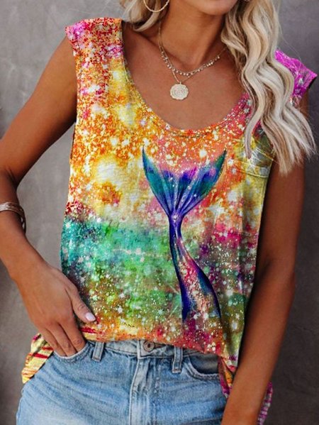 

Cotton-Blend Crew Neck Casual Tanks & Camis, As picture, Tanks & Camis
