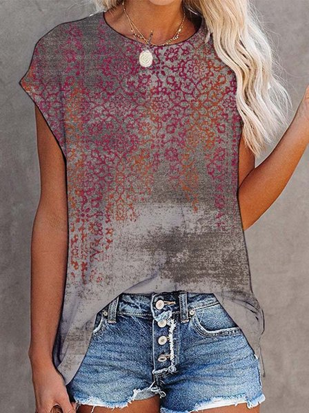 

Paisley Short Sleeve Printed Cotton-blend Crew Neck Holiday Summer Red Top, Tops