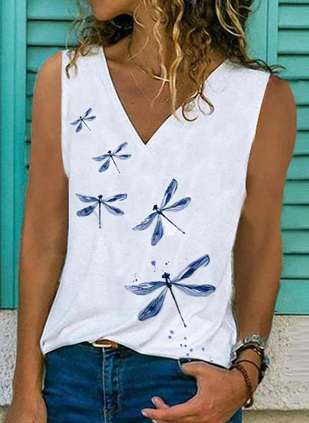 

Dragonfly Printing Shift Cotton-Blend V Neck Casual Tanks & Camis, White, Tanks & Camis