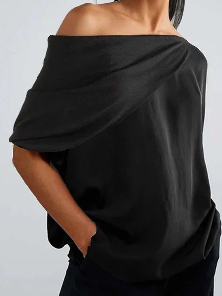 Solido Casuale Mezza Manica Spalla Nuda Camicie & Top, Nero, Blouses & Shirts