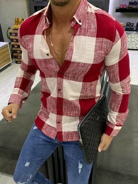 

a quadri Misto Cotone Casuale Colletto a Camicia Top, Rosso, Men