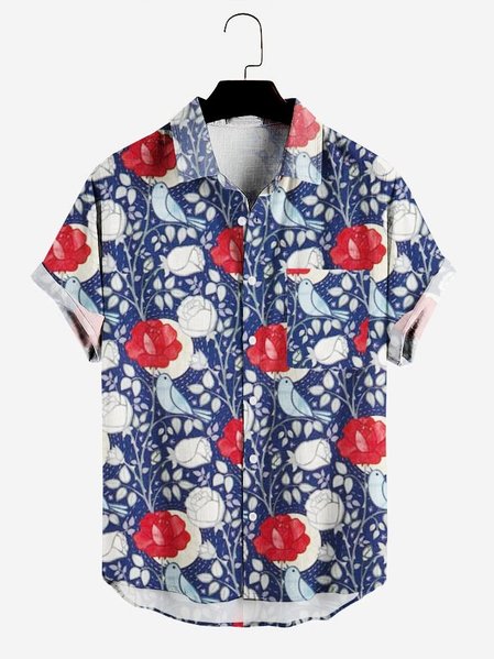 

Mens Floral Bird Print Pocket Lapel Casual Loose Short Sleeve Hawaiian Shirt, Blue, Short Sleeves Shirts