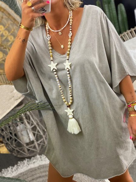 Vintage Dritto Misto Cotone Top, Grigio, Tops