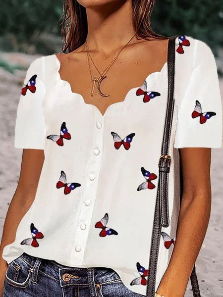 

Maniche corte camicia nel colori della bandiera con a Farfalla Disegno, Bianco, Blouses & Shirts