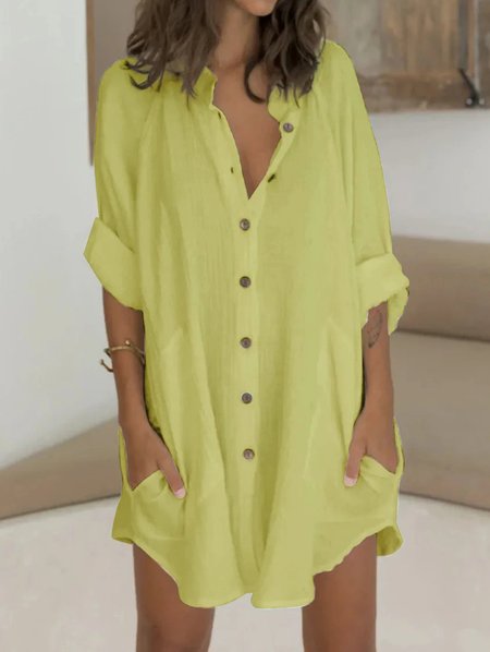 

Cotton Plain Casual Pockets Dresses, Yellow, Elegant Dresses