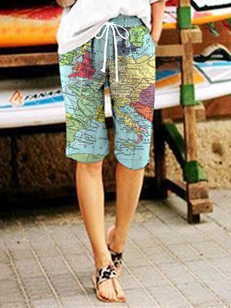 

Map Printed Shift Pockets Casual Shorts, Blue, Shorts