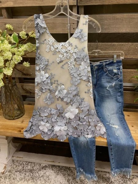 

Floral Sleeveless Printed Polyester Crew Neck Elegant Summer Gray Top, Blouses & Shirts