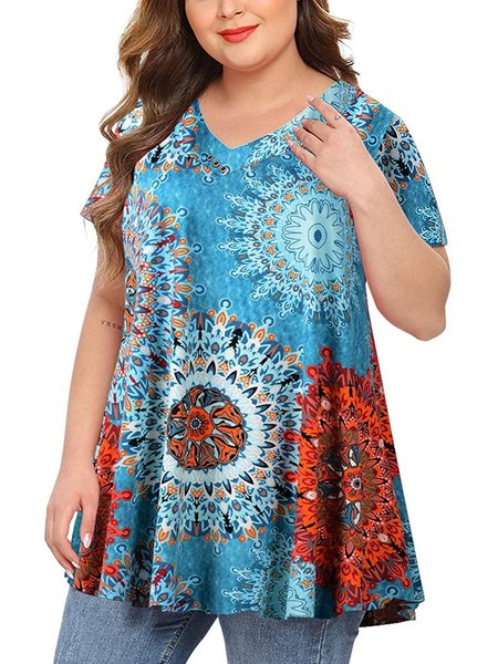 

Abstract Women Plus Size Short Sleeved V-neck Button Basic Belted Blouse Summer Swing Shirt, Multicolor, T-Shirts