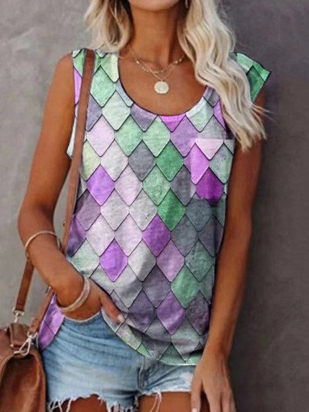 

Girocollo Diamante Stampa senza maniche T-shirt, Viola, Blouses & Shirts