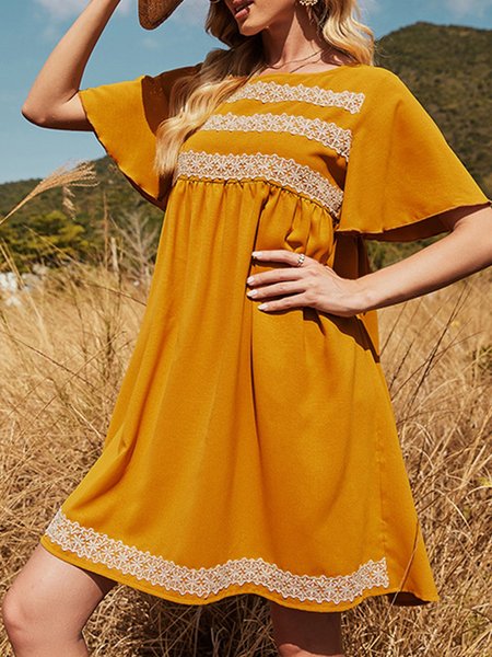 

Short Sleeve Holiday Shift V Neck Dress, Yellow, Mini Dresses