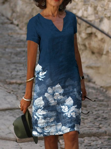 

Midi Abito Casuale Floreale Scollo a V Maniche Corte, Blu intenso, Dresses