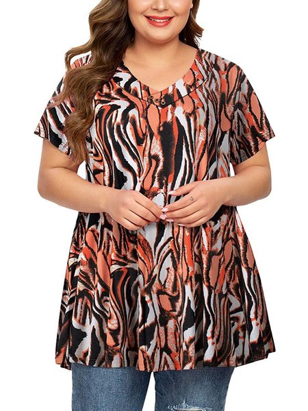 

Abstract Women Plus Size Short Sleeved V-neck Button Basic Belted Blouse Summer Swing Shirt, Multicolor, T-Shirts