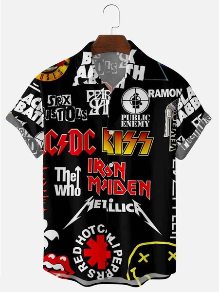 

Uomo Roccia e Roll Punk Stampare Risvolto Casuale Sciolto Maniche Corte Camicia, Nero, Men