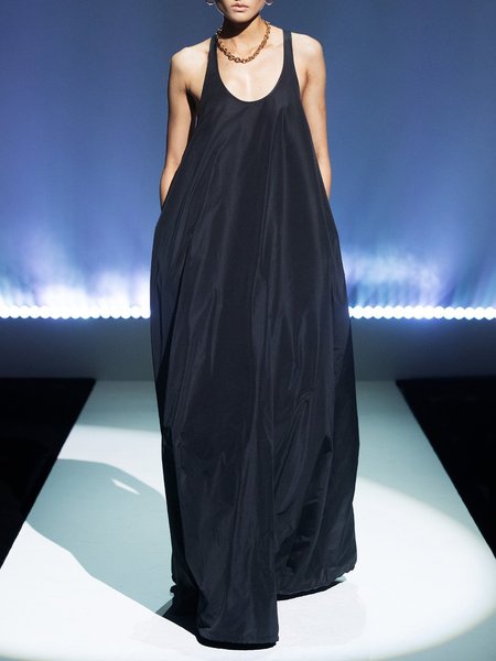 

Shift Sleeveless Simple Solid Pockets Dress, Black, Maxi Dresses