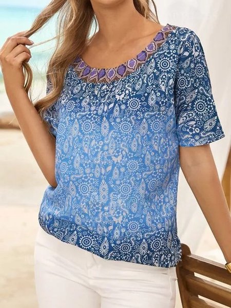 

Casual Short Sleeve Cotton-Blend T-shirt, Blue, T-Shirts