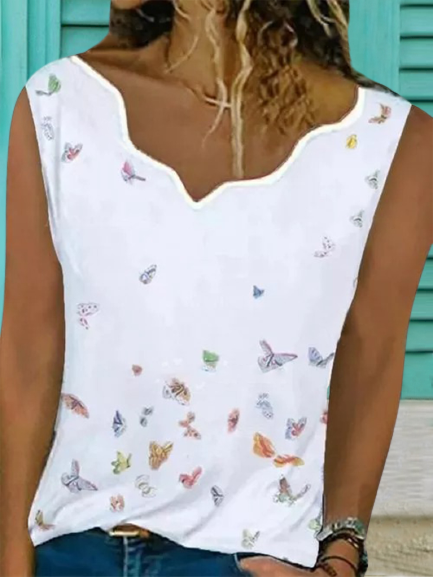 Vintage senza maniche Farfalle Stampato taglia grande Casuale Veste Top, Bianco, Tops