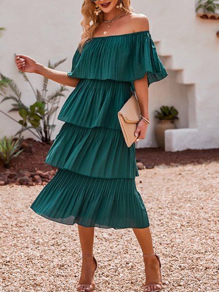 

Resort Plain Frill Sleeve V Neck Midi Dress, Green, Midi Dresses