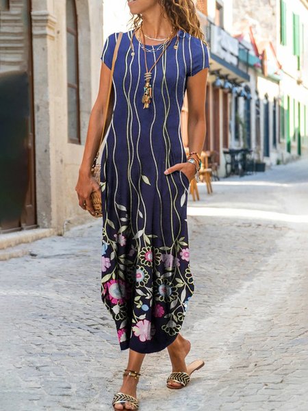 

Bohemian Girocollo Stampato Floreale Floreale Abito, Blu, Dresses