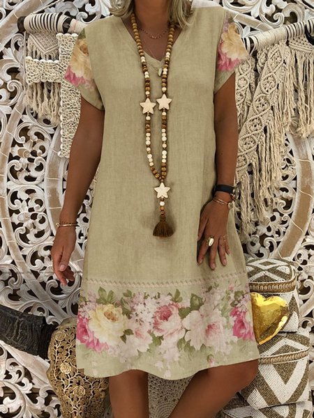 

Ricorrere Pittura Stampato Floreale Misto Cotone Maniche Corte Abito, Beige, Dresses