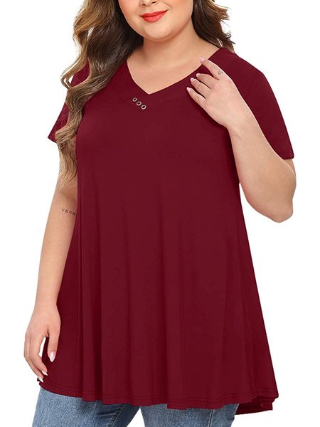 

Womens Plus Size Short Sleeve V Neck Button Basic Tunic Tops Summer Swing Blouses, Wine red, T-Shirts