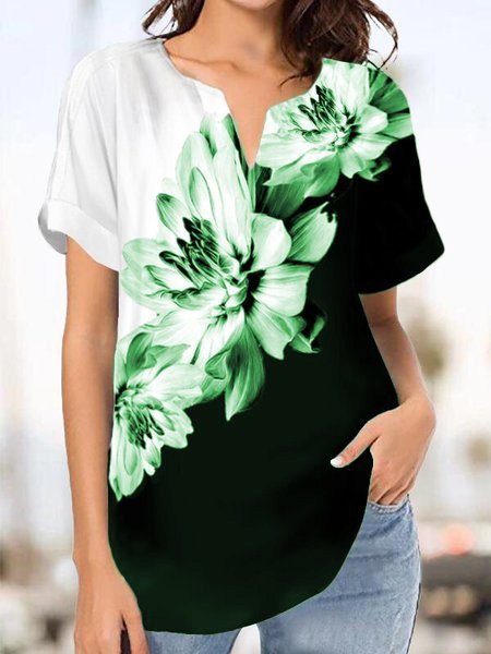 

Floral Printed Short Sleeve V Neck Floral Tops, Green, T-Shirts