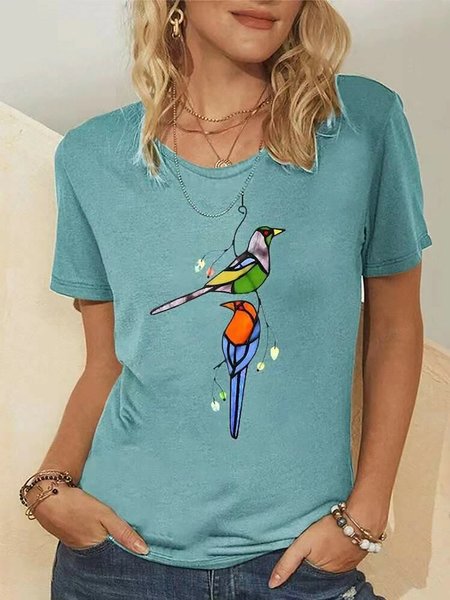 

Maglietta Uccelli Stampare Girocollo Maniche Corte Casuale, Verde, Blouses & Shirts