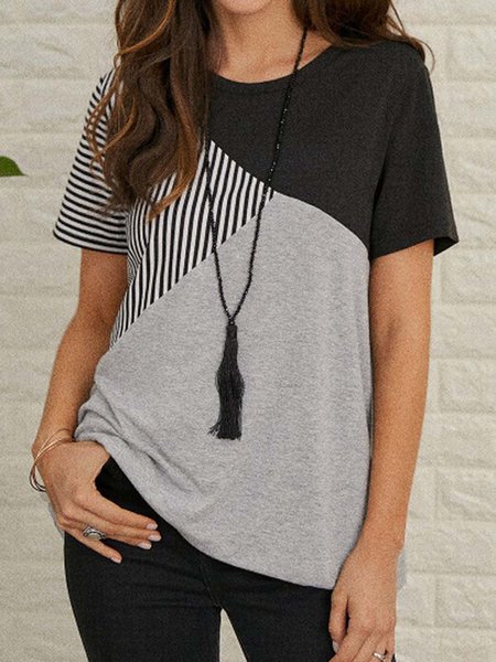 

JFN Color Block Short Sleeve Casual T-shirt/Tee, As picture, T-Shirts