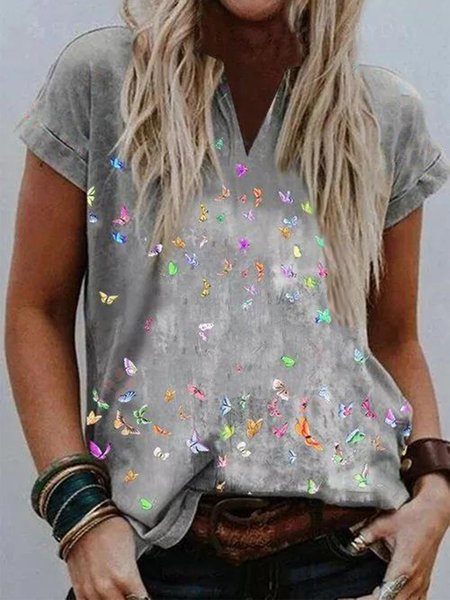 

Maniche Corte Casuale Scollo a V Top, Grigio, Blouses & Shirts