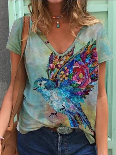 

Oil painting bird print casual cotton T-shirt & tops, As picture, T-Shirts