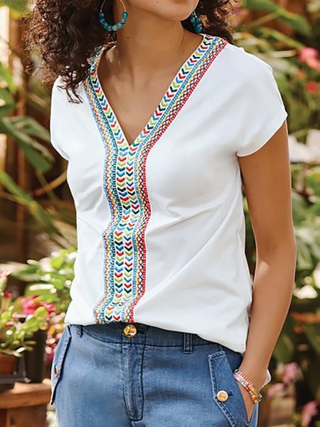 

Casuale Stampato Maniche Corte Top, Bianco, Tops