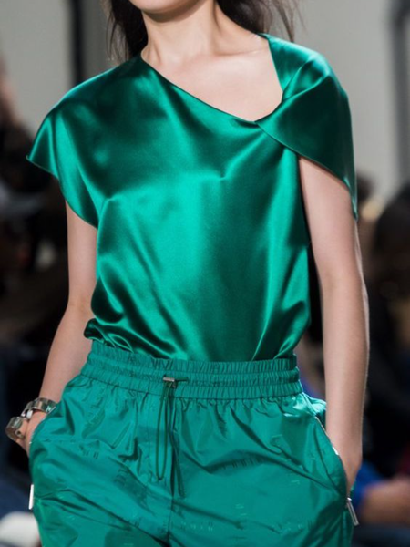 

Satin Single Sleeve Asymmetric A-Line Blouse, Green, Blouses and Shirts